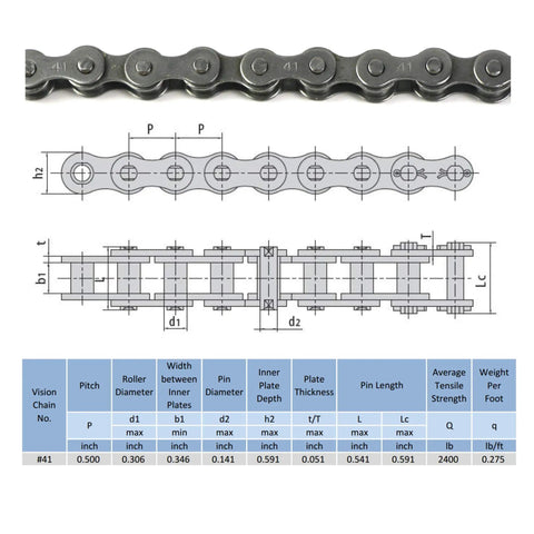 Technical diagram and specifications for Minibike Chain for Go Karts and Mini Bikes 41 Roller Chain 10 Feet With Master Link