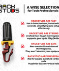 Rackstuds product image with installation and safety benefits for tech professionals, featuring black and red thermoplastic.