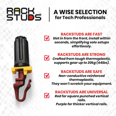 Rackstuds product image with installation and safety benefits for tech professionals, featuring black and red thermoplastic.