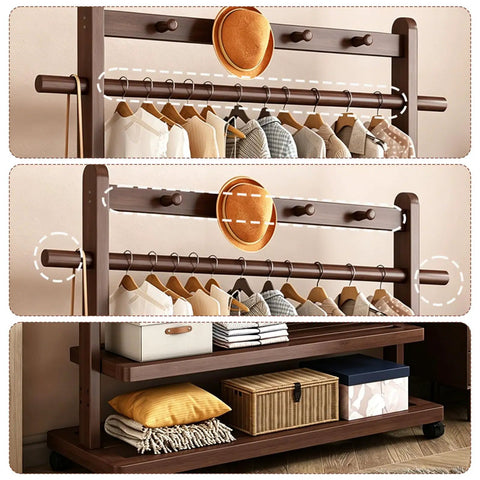 Heavy Duty Bamboo Rolling Clothing Rack With Wheels And Storage Shelves Hella Sturdy Garment Stand Featuring Five Durable Hooks For Versatile Decor