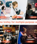 Collage of a salon, spa, manicure, workshop, and tattoo station showcasing versatile Pro Salon Trolley Cart With Lockable Trays.
