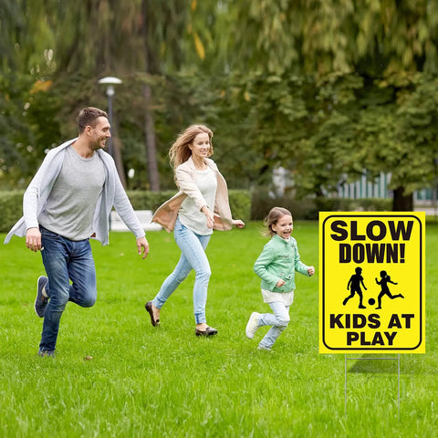 Slow Down Kids At Play Signs With Metal Stakes Four Pack 12 By 16 Inch Double Sided Caution Signs For Street Yard