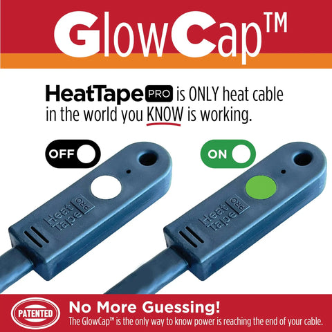 HeatTapePro Self Regulating Heat Cable With GlowCap Tech showing on and off indicators for ice dam and pipe freeze protection