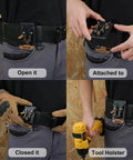 Premium 3 Pack Slick Quick Release Belt Clips For Tool Pouch Drill Holster No Sweat Snap On Off Attaches To Any 3 Inch Belt Or Wall Mount Grab And Go Tradesman Gear Rack Khaki shown in use on a tool belt with drill.
