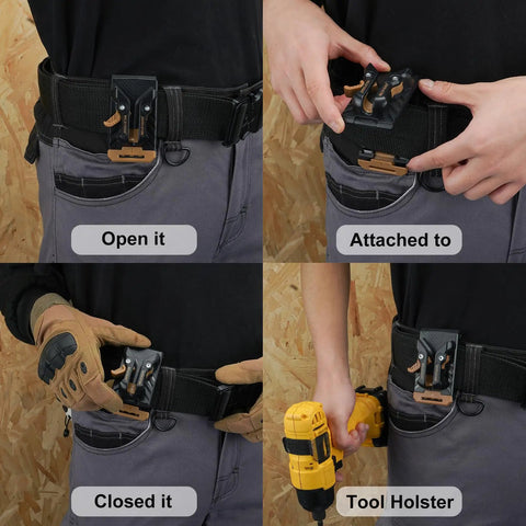 Premium 3 Pack Slick Quick Release Belt Clips For Tool Pouch Drill Holster No Sweat Snap On Off Attaches To Any 3 Inch Belt Or Wall Mount Grab And Go Tradesman Gear Rack Khaki shown in use on a tool belt with drill.