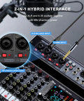 Close-up of audio interface mixer showing 2-in-1 hybrid interface, XLR and 6.35mm sockets, with 48V phantom power feature.