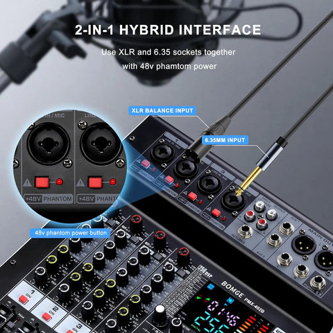 Close-up of audio interface mixer showing 2-in-1 hybrid interface, XLR and 6.35mm sockets, with 48V phantom power feature.
