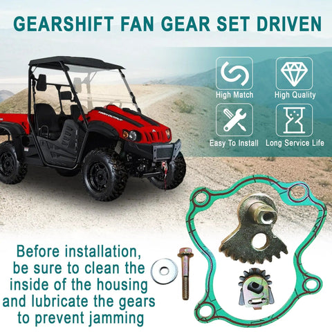 Hisun Gearshift Fan Gear Set Driven for Axis 500 700 UTVs OEM Replacement 23320 004 000 and 23330 004 0000 Fits Carb and EFI Models Bighorn MSU Series Massimo SuperMach TSC Menards shown with gasket and hardware