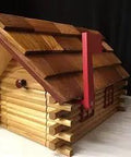 Handmade Log Cabin Style Mailbox With Cedar Roof And Flag, Red Rustic Rural Mailbox Decor, Sturdy Wooden Exterior