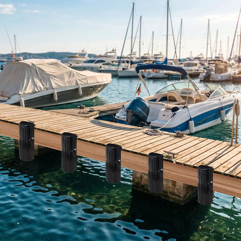Boat Dock Bumpers For Edge And Side Protection, Heavy Duty Marine Fender Guard With Durable Construction, Vertical Dock Safety Shield, Includes Mounting Hardware, 2 Pack Black, Keeps Boat And Dock Safe From Contact installed on dock