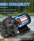 Premium 12 Volt Diaphragm Water Transfer Pump displaying 100% copper core motor and rugged design. Ideal for efficient fluid transfer.