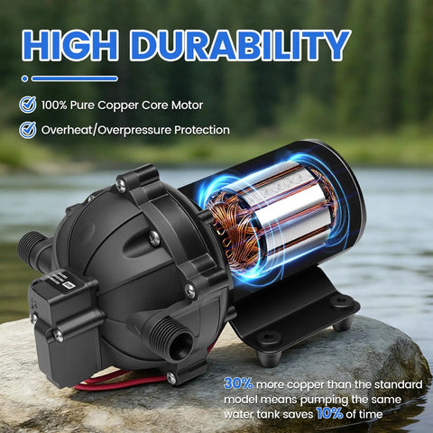 Premium 12 Volt Diaphragm Water Transfer Pump displaying 100% copper core motor and rugged design. Ideal for efficient fluid transfer.