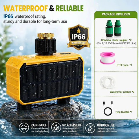 Solar Powered Smart Sprinkler Timer With WiFi For Garden Hose Dope Two Zone Irrigation System With Rain Sensor shown with accessories