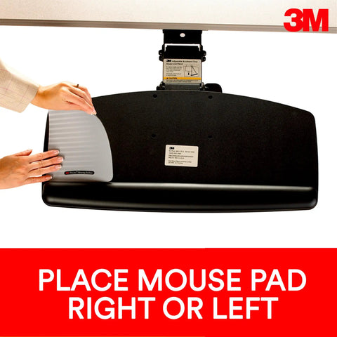 Slick Heavy Hitter Under Desk Keyboard Tray With Gel Wrist Rest And Smooth 23 Inch Glide Platform showing adjustable mouse pad placement.