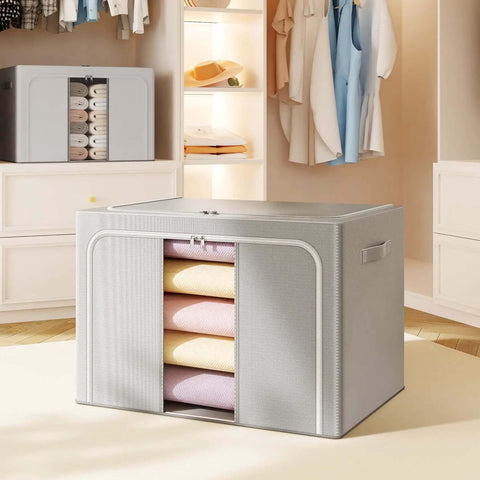 Front view of Foldable Metal Frame Storage Bins Set For Clothes And No Fuss Organization, 100L Each, 3 Pack, in a closet.