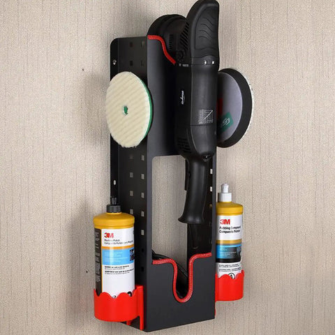 Polishing Buffer Holder Wall Mount For Rotary Polisher And Detail Tools, Cold Rolled Steel Construction With Red Leather Edge