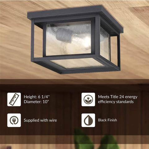 Two Light Outdoor Ceiling Fixture in Black Cast Aluminum, 30W, wet location rated, Hunnington style, shown installed under wood ceiling.