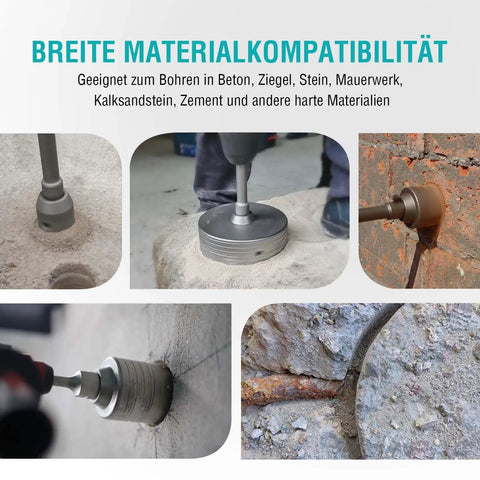 Heavy Duty Concrete Hole Saw Kit With Tungsten Carbide Core Bits and SDS-Plus SDS-Max Shanks shown in use on concrete and brick