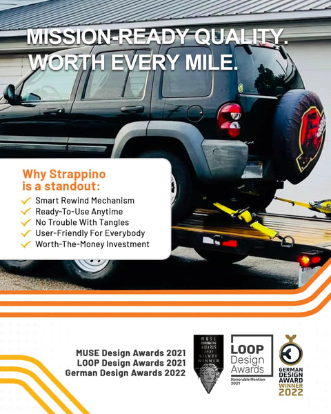 Black SUV secured with Retractable Ratchet Tie Down Strap 2 Inch By 16 Foot Heavy Duty With Snap Hooks 10000 Lbs Breaking Strength