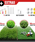 Extras of the 10x7ft Golf Net With Chipping Mat And Silk Target, includes 7 golf tees, 6 golf balls, and turf variations.