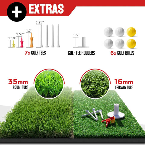 Extras of the 10x7ft Golf Net With Chipping Mat And Silk Target, includes 7 golf tees, 6 golf balls, and turf variations.
