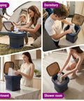 Image showing No Sweat Portable Washing Machine 18 Liter Foldable Mini Laundry Tub With Quick Spin Basket in various settings.