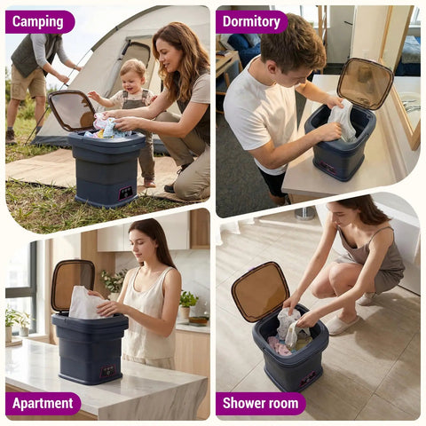 Image showing No Sweat Portable Washing Machine 18 Liter Foldable Mini Laundry Tub With Quick Spin Basket in various settings.