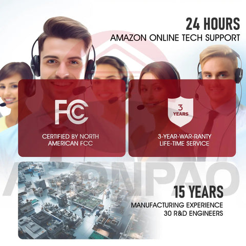 Customer support team offering 24-hour Amazon online tech support with FCC certification and 15 years manufacturing experience.