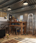 Interior of Heavy Duty Steel Garden Shed With Lockable Door And Clear Window, featuring tools and a ladder.