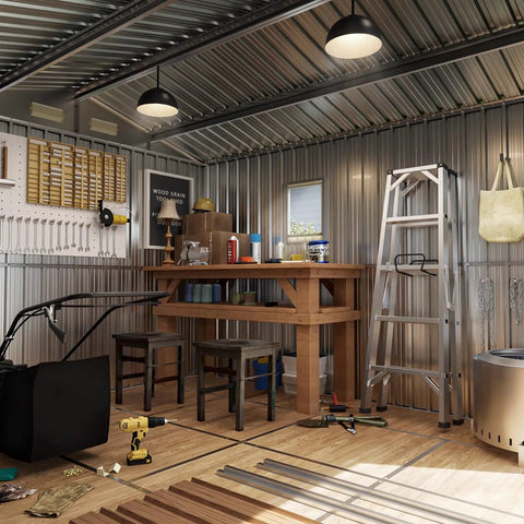 Interior of Heavy Duty Steel Garden Shed With Lockable Door And Clear Window, featuring tools and a ladder.