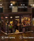 Cozy Corner Tavern Book Nook Kit With LED Lights For Adults DIY Miniature Dollhouse Puzzle in 3D wood craft displayed.