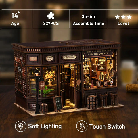 Cozy Corner Tavern Book Nook Kit With LED Lights For Adults DIY Miniature Dollhouse Puzzle in 3D wood craft displayed.