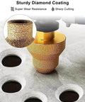Pagoda diamond-coated tile drill bit with M10 thread; gold-colored, textured coating, 2-pack for marble and stone.