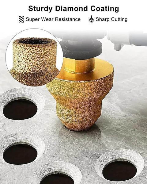 Pagoda diamond-coated tile drill bit with M10 thread; gold-colored, textured coating, 2-pack for marble and stone.