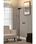 Saturn II 36W LED Torchiere Floor Lamp With Reading Light, Ocean-Blue Diffuser Ring in modern living room setting