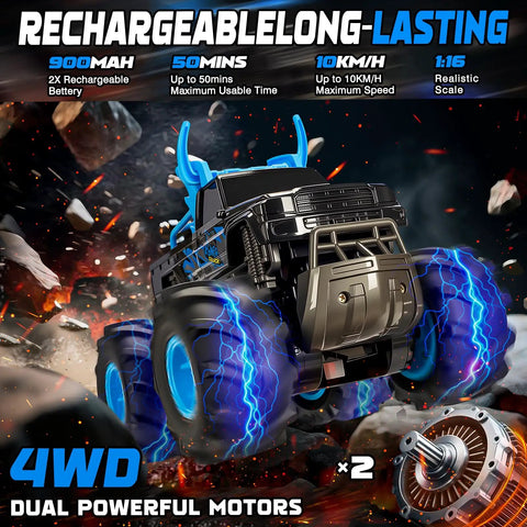 Amphibious One To Sixteen Scale Remote Control Monster Truck with Waterproof Sealed Body, 4WD, dual motors, blue accents