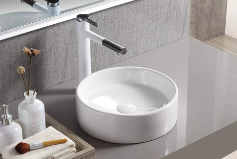 Round Flat-Side Vessel Countertop Sink In White Porcelain, Thirteen And Five Eighths Inch Square Basin, Modern Above-Counter Design