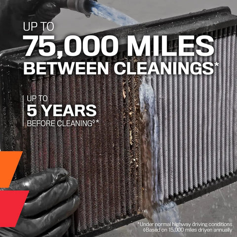 High-Flow Lifetime Engine Air Filter for 2019-2026 GM SUVs being cleaned, showing durability up to 75,000 miles.