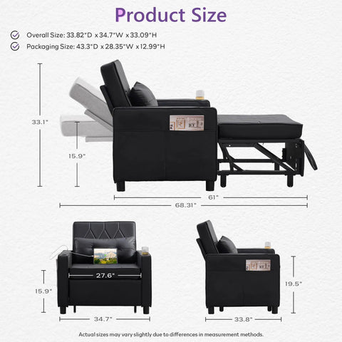Product dimensions and layout of Leather Convertible Sleeper Chair Bed For Adults Cozy Four In One Pull Out Sofa Chair Bed