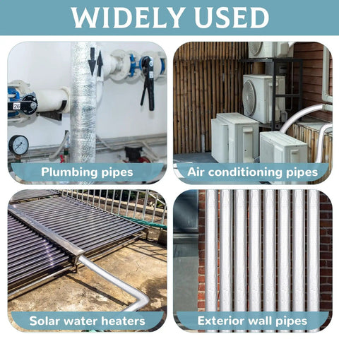 12 Pack Self Adhesive Pipe Insulation Foam Tubes With Aluminum Foil Wrap And Ties, usage examples on various pipes.