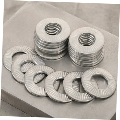 M6 Conical Knurled Spring Washers 40 Pack Heavy Duty 304 Stainless Steel High Grip Lock Washers stacked and arranged.