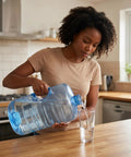 Person using stackable five gallon water jug with easy carry handle for space saving storage lightweight durable container for camping emergency prep and daily hydration go to hydration solution to fill a glass