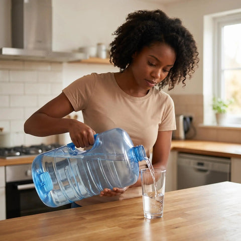 Person using stackable five gallon water jug with easy carry handle for space saving storage lightweight durable container for camping emergency prep and daily hydration go to hydration solution to fill a glass