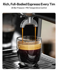 Close-up of a Barista Grade Espresso Machine With Built In Grinder For Home Use, 20 Bar Pressure, extracting espresso