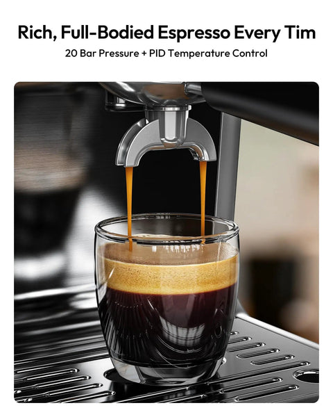 Glass of espresso brewing from All In One Espresso Machine With Built In Grinder 20 Bar Pressure Milk Frother Steam Wand