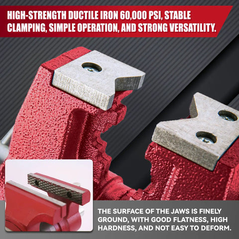 5 Inch Upgraded 360 Degree Positioning Bench Vise With 8800 Lb Clamp, Heavy Duty Ductile Iron Body, 60000 PSI Strength, Blue Powder Coat Finish, Zinc Plated Spare Parts, Precise Jaw And Rock Solid Grip close-up of red vise jaws