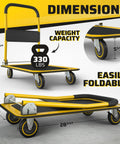 Heavy Duty Foldable Push Cart Dolly 330 Lb Capacity with upgraded collapsible hand truck and folding platform, yellow, dimensions shown