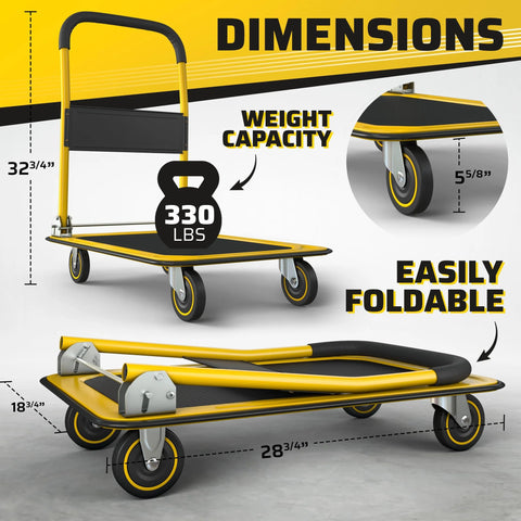 Heavy Duty Foldable Push Cart Dolly 330 Lb Capacity with upgraded collapsible hand truck and folding platform, yellow, dimensions shown