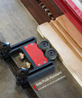 Two Piece Adjustable Table Saw Stock Guides Featuring Slick Aluminum Brackets And Dead On Urethane Rollers on woodworking table.