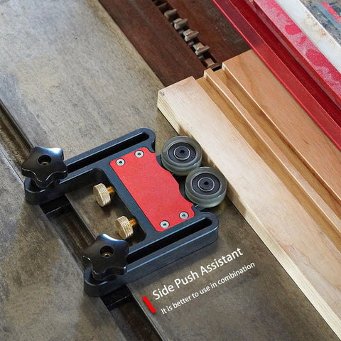 Two Piece Adjustable Table Saw Stock Guides Featuring Slick Aluminum Brackets And Dead On Urethane Rollers on woodworking table.